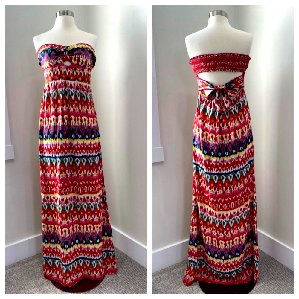Boho Beachy Strapless Smocked Babydoll‎ Maxi Dress Size L Whimsical Resort Wear